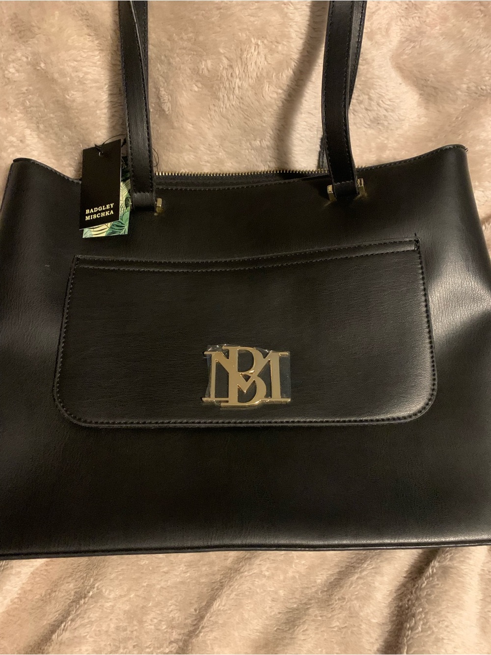 Badgley Mischka Black Vegan Leather Zip-Top Tote with Gold Hardware